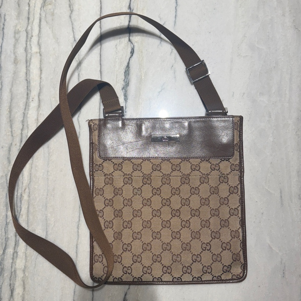 Vintage Gucci Tan and Brown Monogram Cross Body Bag